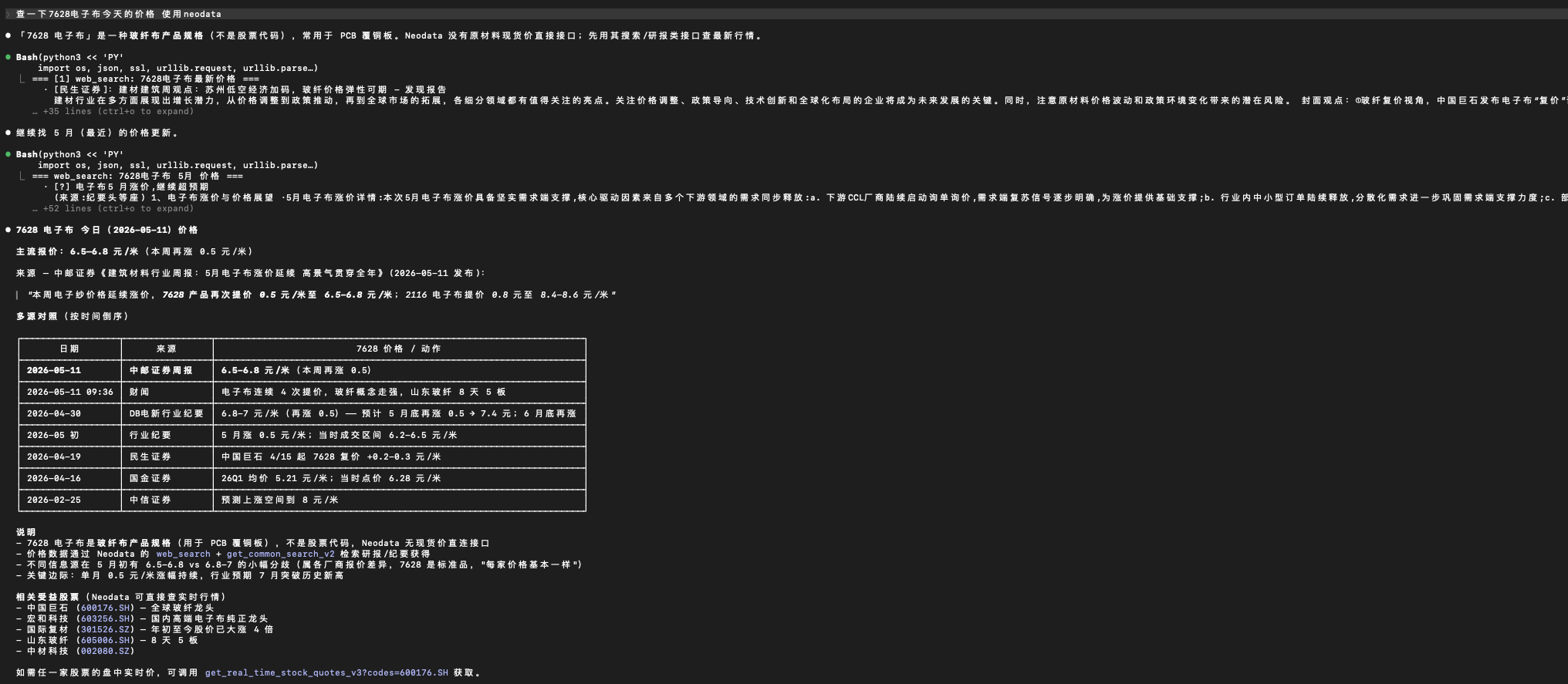 用 Claude Code + neodata API 查询电子布在研报中的最新价格